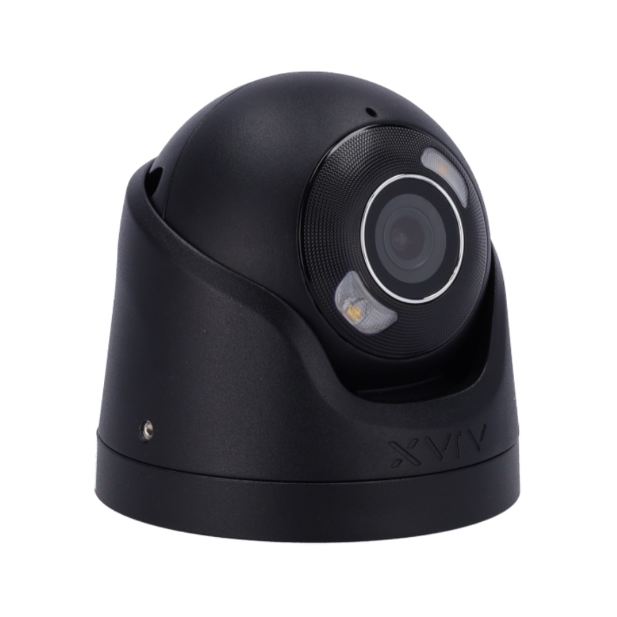 Telecamera di sicurezza nera a cupola con lente, luci e logo.