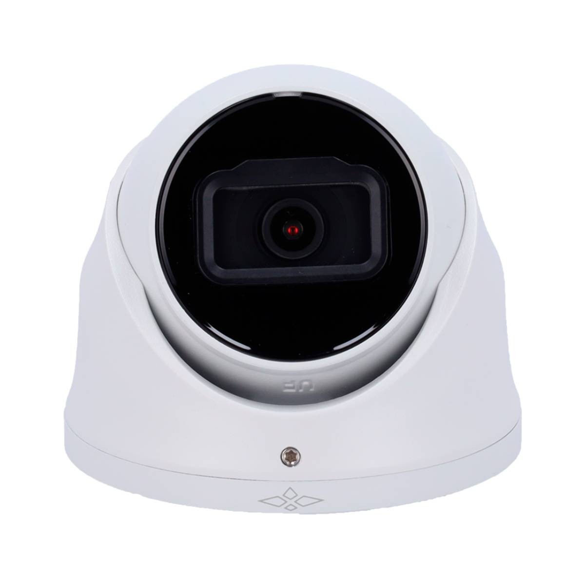 Una cámara de seguridad domo blanca con lente negra y punto rojo.