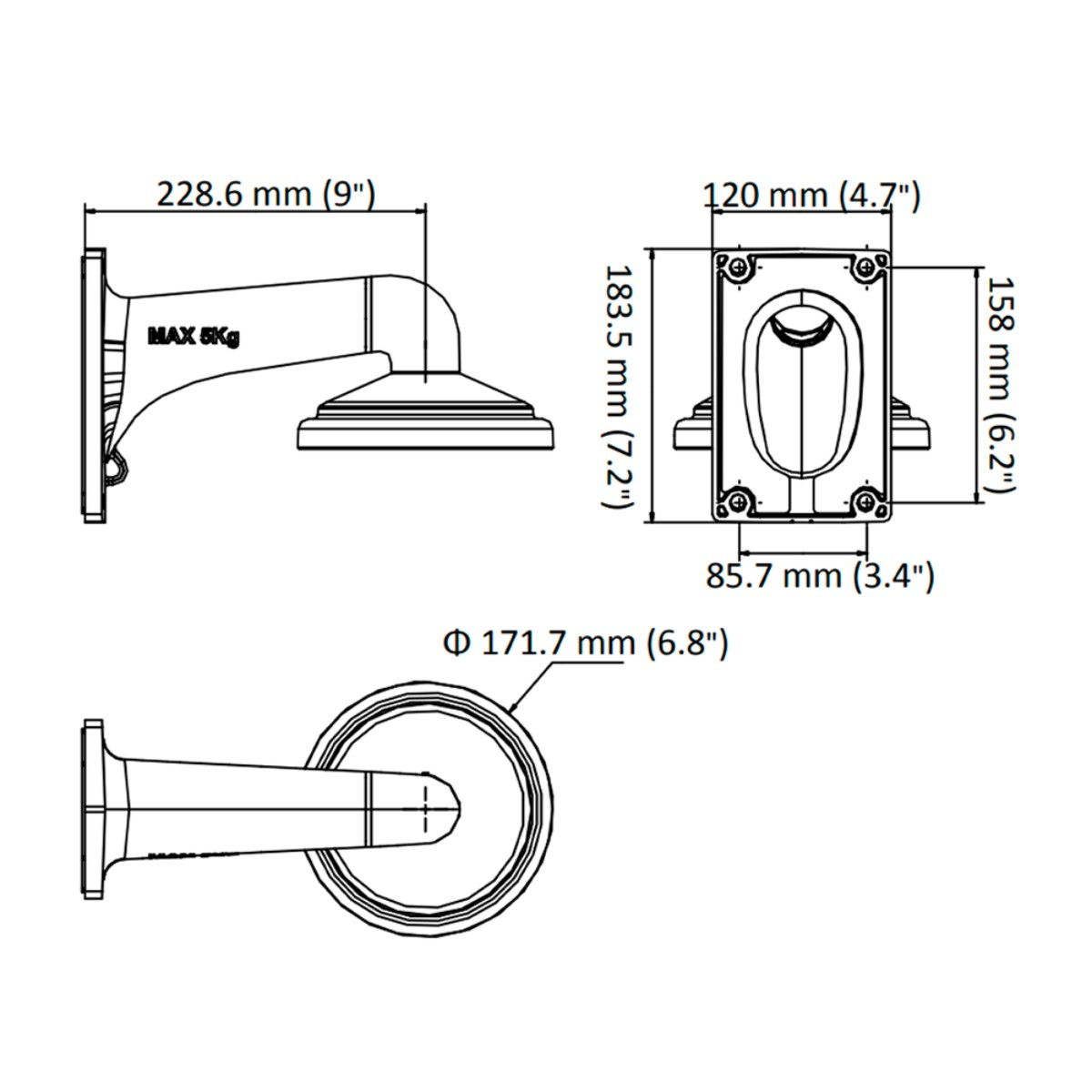 Disegno tecnico di una staffa con dimensioni: 228,6 mm, 183,5 mm, 120 mm, 85,7 mm, 158 mm, 171,7 mm.