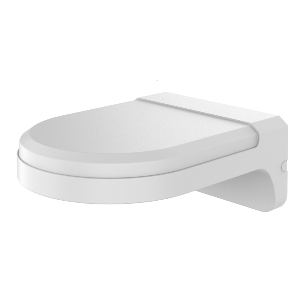 Un sedile del water bianco con coperchio, montato a parete.