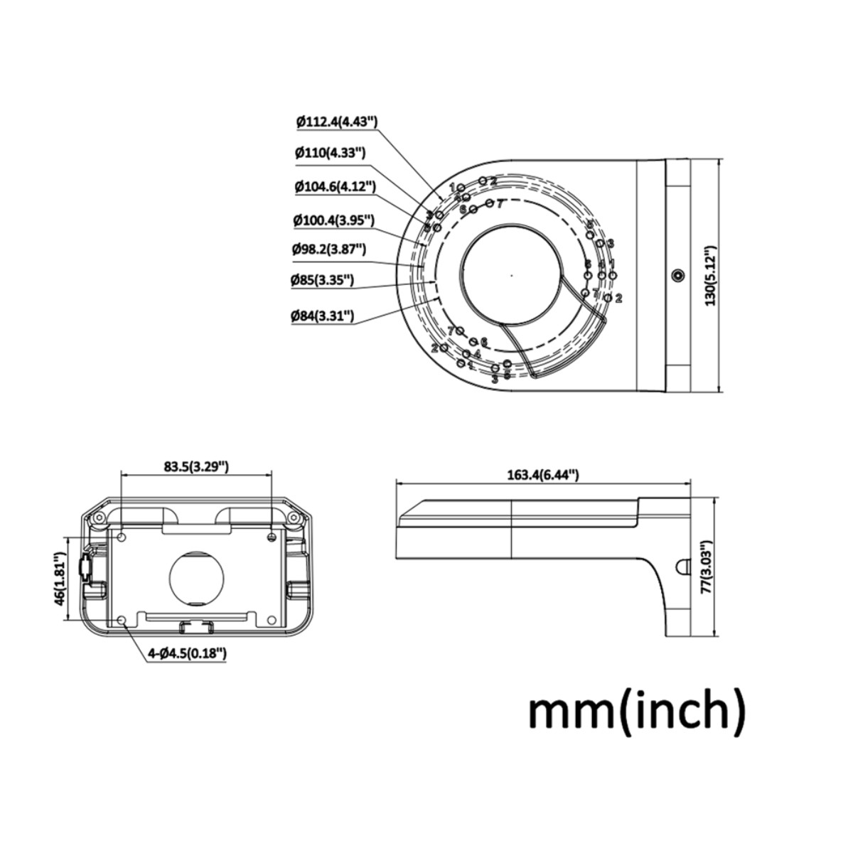 Disegno tecnico con dimensioni per un oggetto circolare e una base rettangolare.