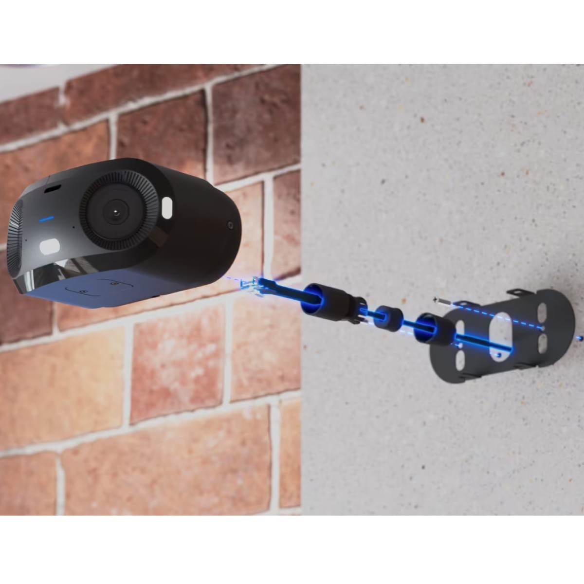 Une caméra noire avec des accents bleus se connecte à un support de montage.