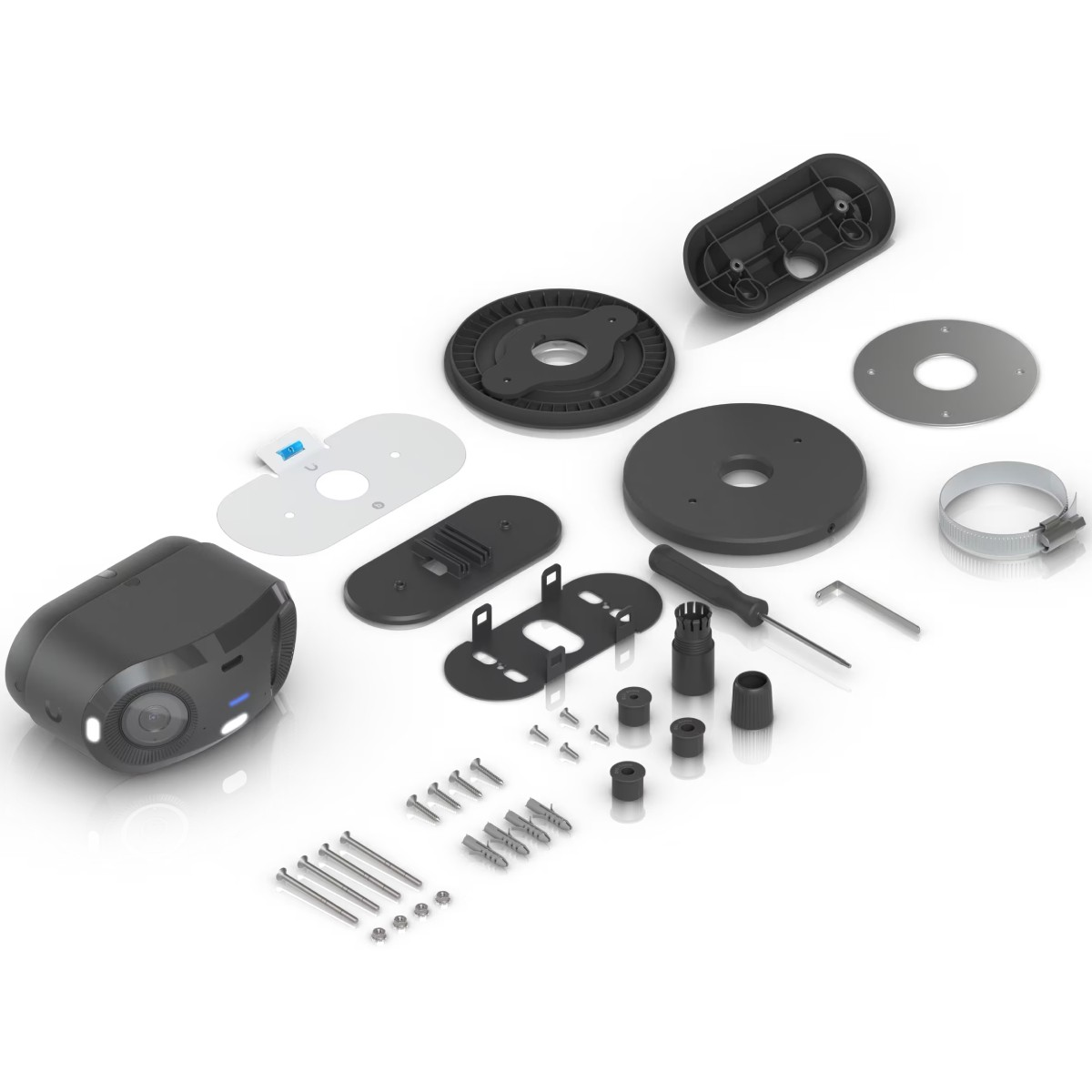 Un caméscope noir et ses accessoires : vis, chevilles, supports, disques et un tournevis.