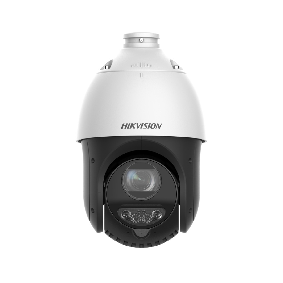 Una telecamera di sorveglianza Hikvision bianca e nera con lente e luci.