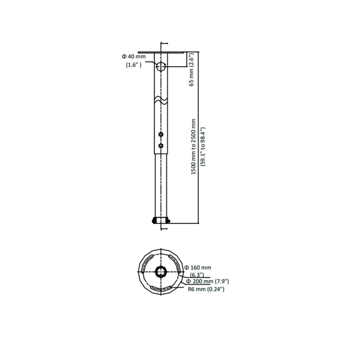 Disegno tecnico di una gamba regolabile con dimensioni.