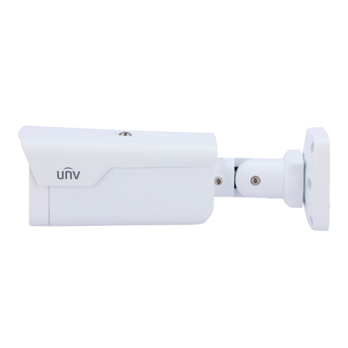 Una telecamera di sicurezza bianca con logo UNV e staffa regolabile.