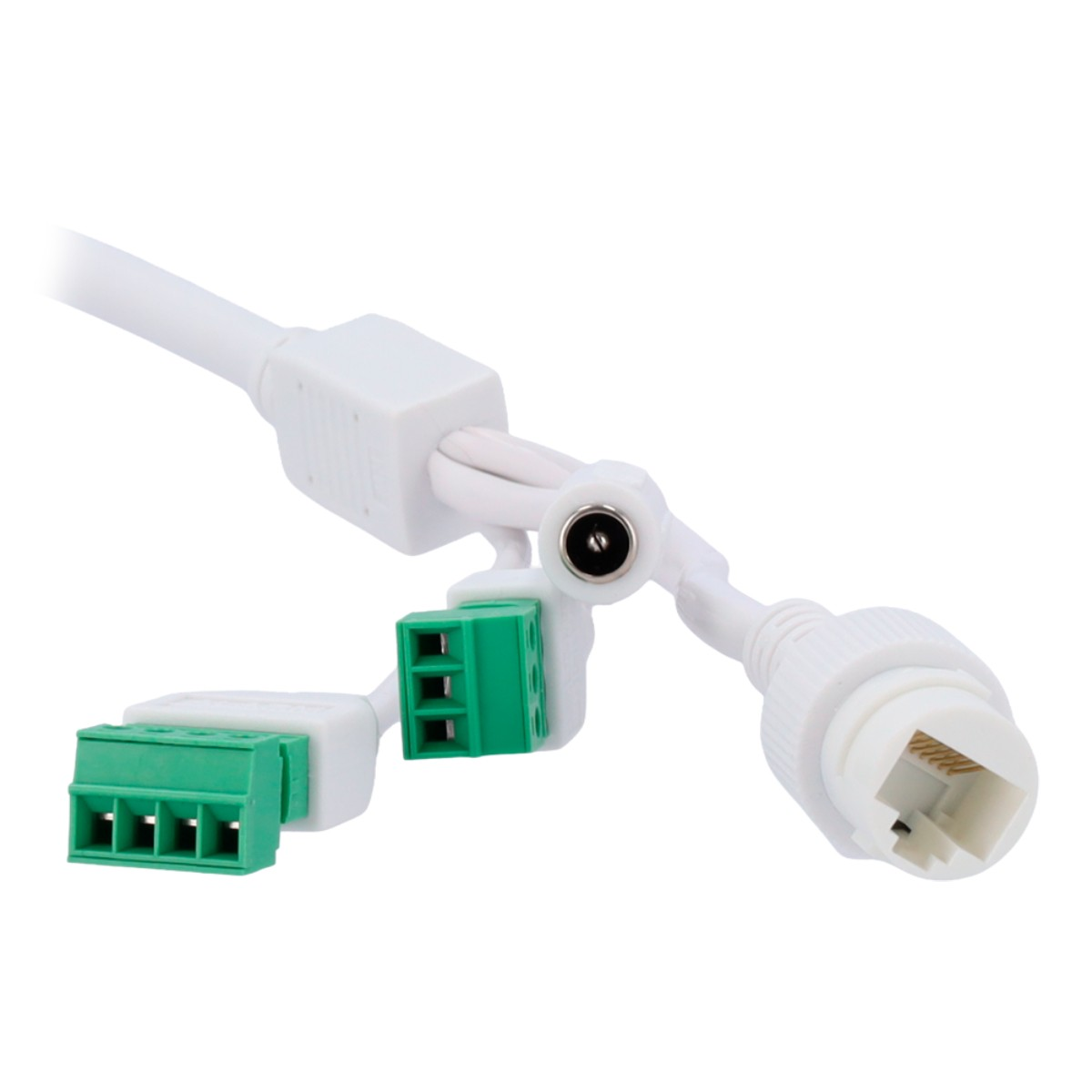 Cavi bianchi con terminali verdi e un connettore Ethernet.