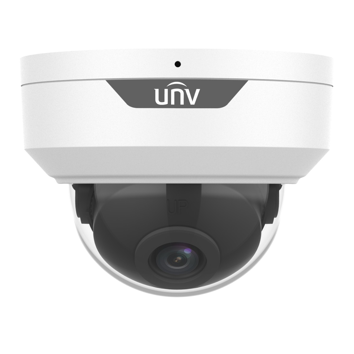 Telecamera di sicurezza dome bianca con logo UNV. Lente visibile sotto cupola trasparente.