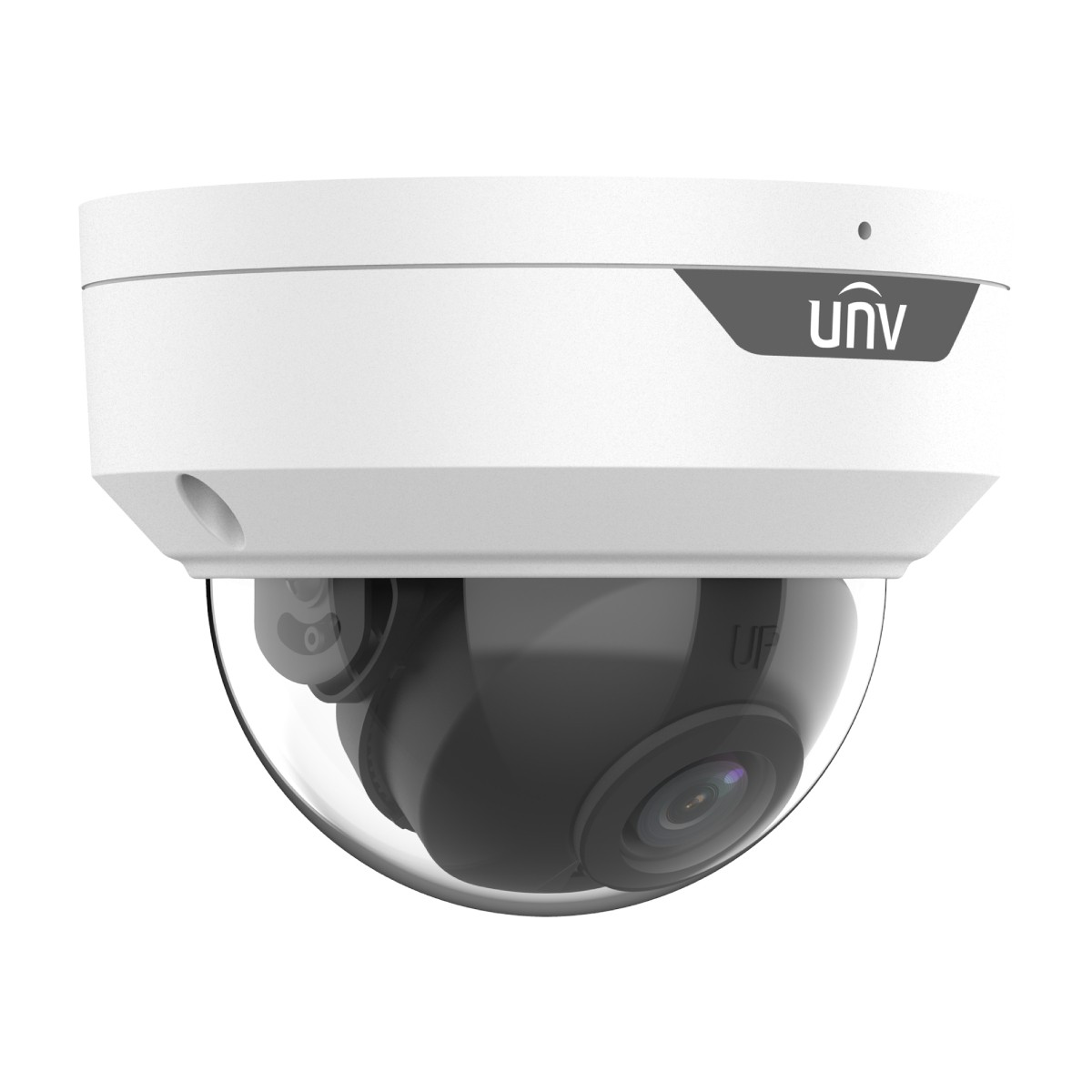Telecamera di sicurezza dome bianca con cupola trasparente e lente visibile. Logo UNV sopra.