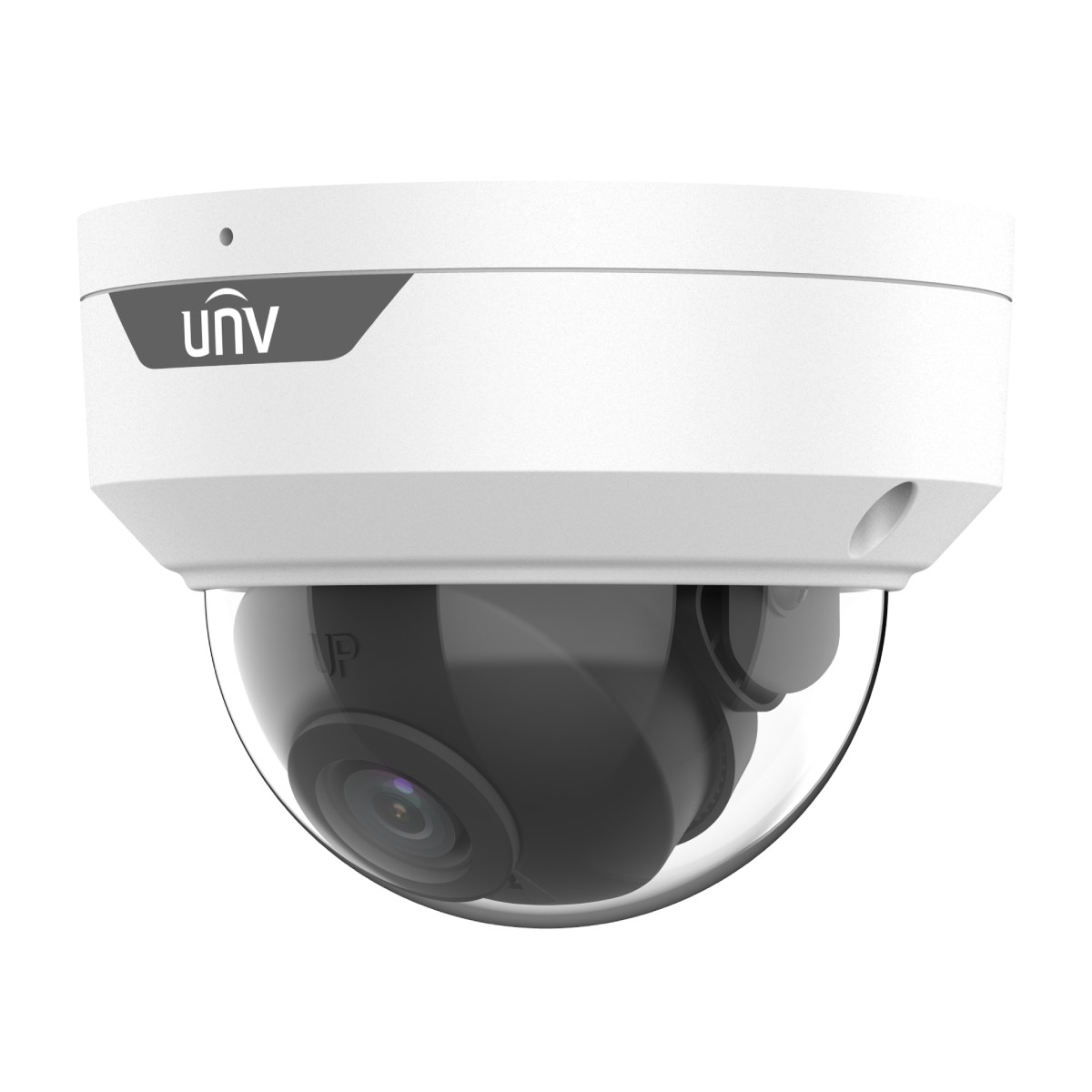 Telecamera di sicurezza dome UNV bianca con cupola trasparente e interno nero.