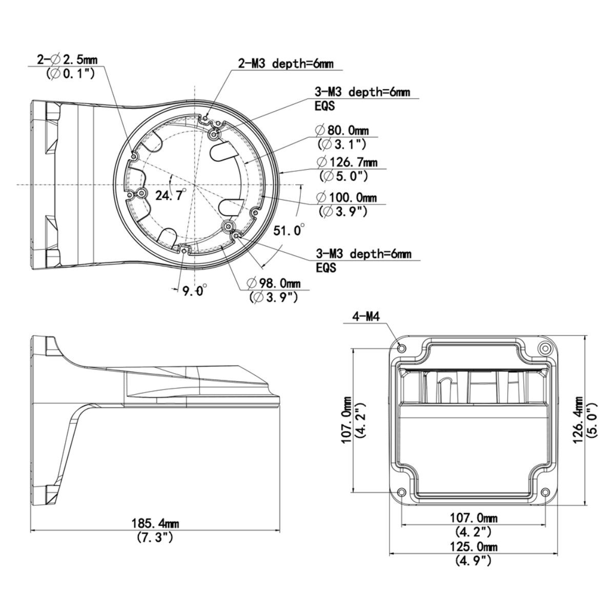 Disegno tecnico di una staffa con dimensioni e specifiche dei fori.