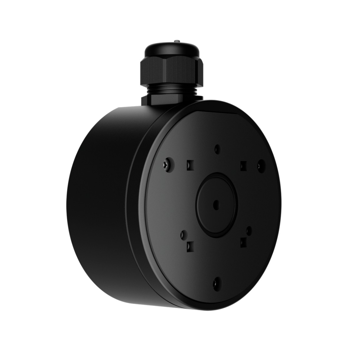 Objeto cilíndrico negro con un conector y una placa frontal redonda con puntos de montaje.