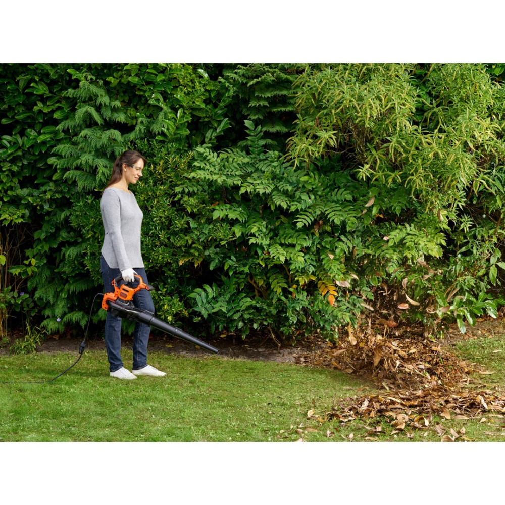 Donna usa soffiatore per foglie per accumulare foglie in giardino. Siepe verde dietro.
