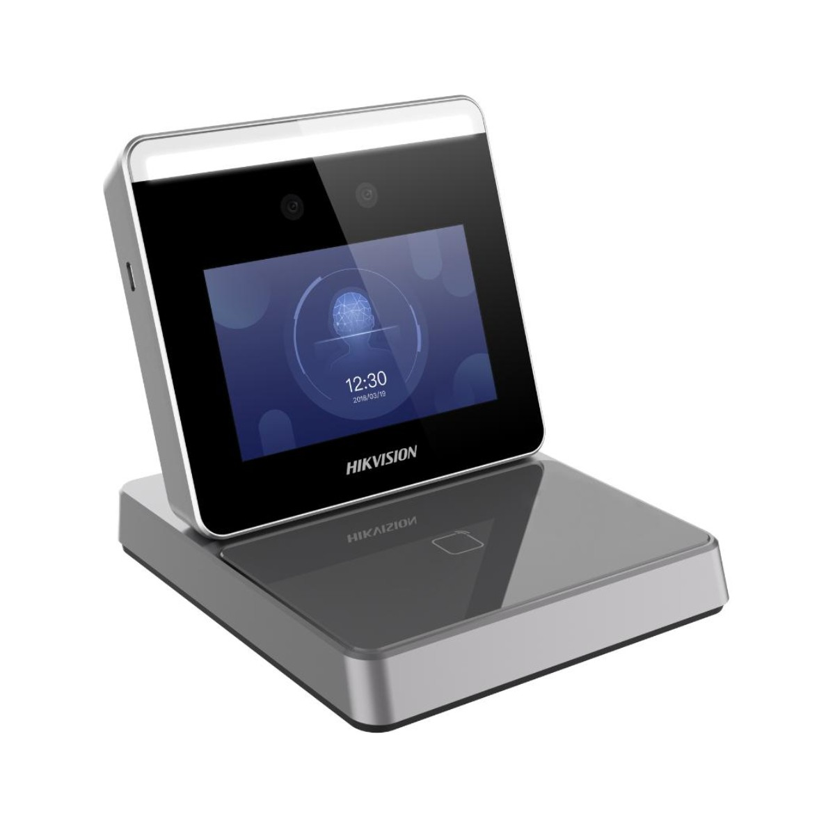 Un dispositivo di controllo accessi Hikvision con touchscreen e scanner di impronte.