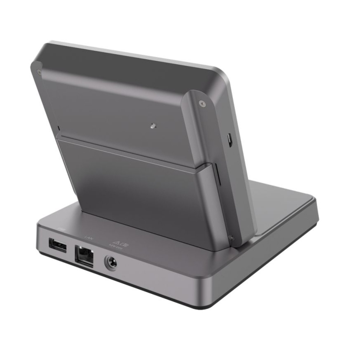 Vista posteriore di una docking station grigia con porte: USB, LAN e ingresso alimentazione.