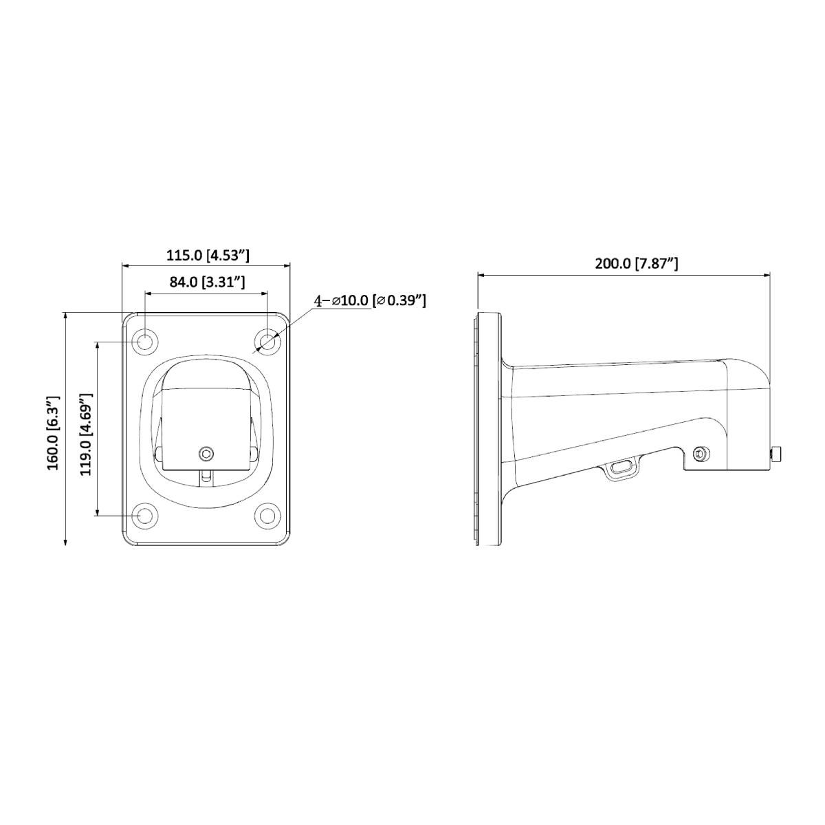 Disegno tecnico di un supporto a parete con dimensioni in pollici e millimetri.
