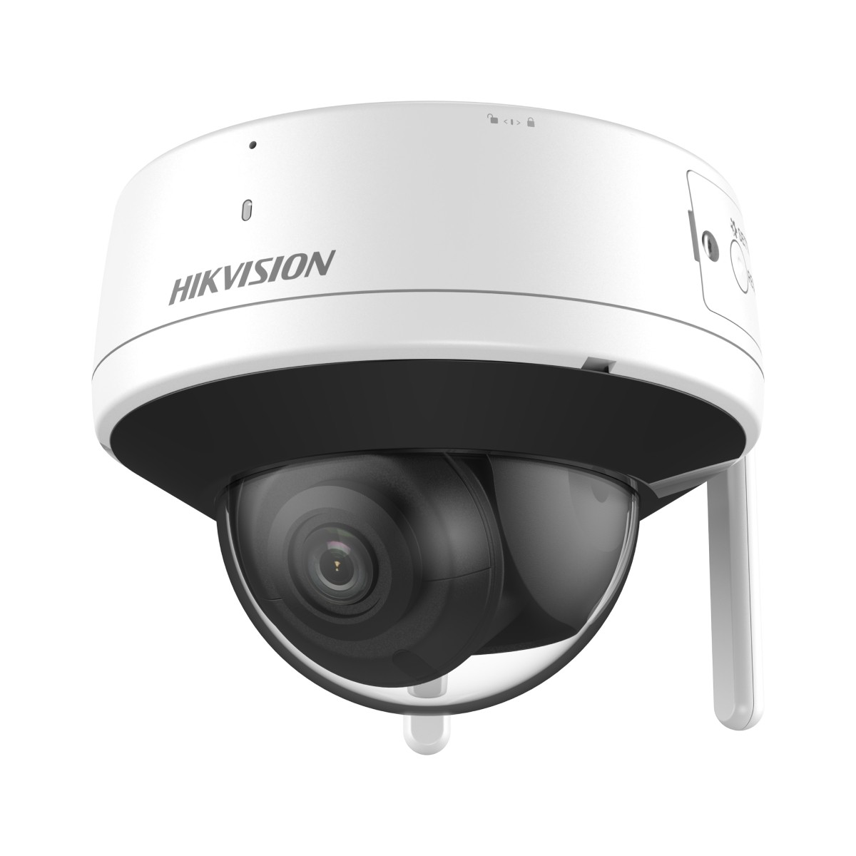 Una telecamera di sicurezza Hikvision bianca con obiettivo a cupola e antenna.