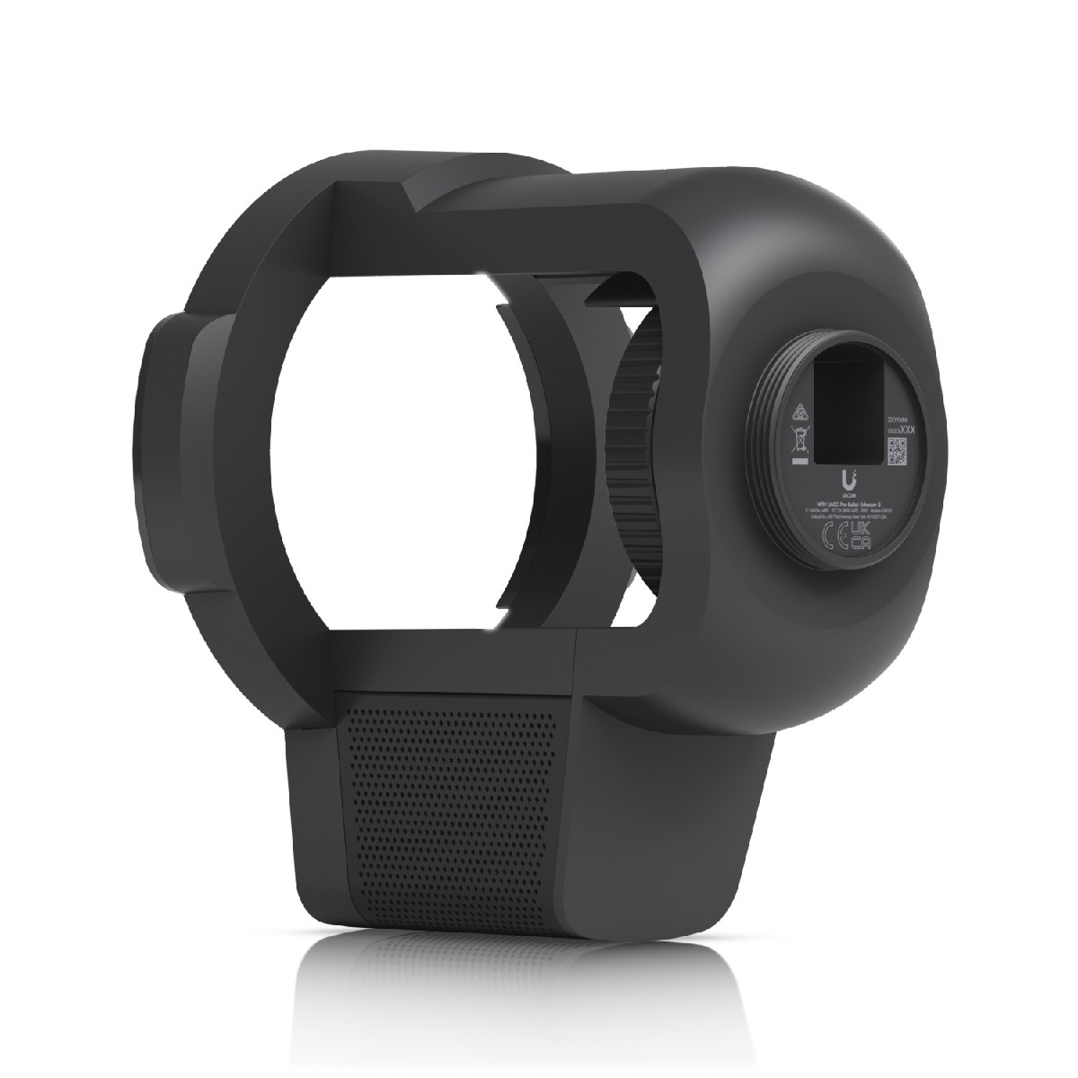 Uno stabilizzatore gimbal nero con un foro al centro e perforazioni in basso.
