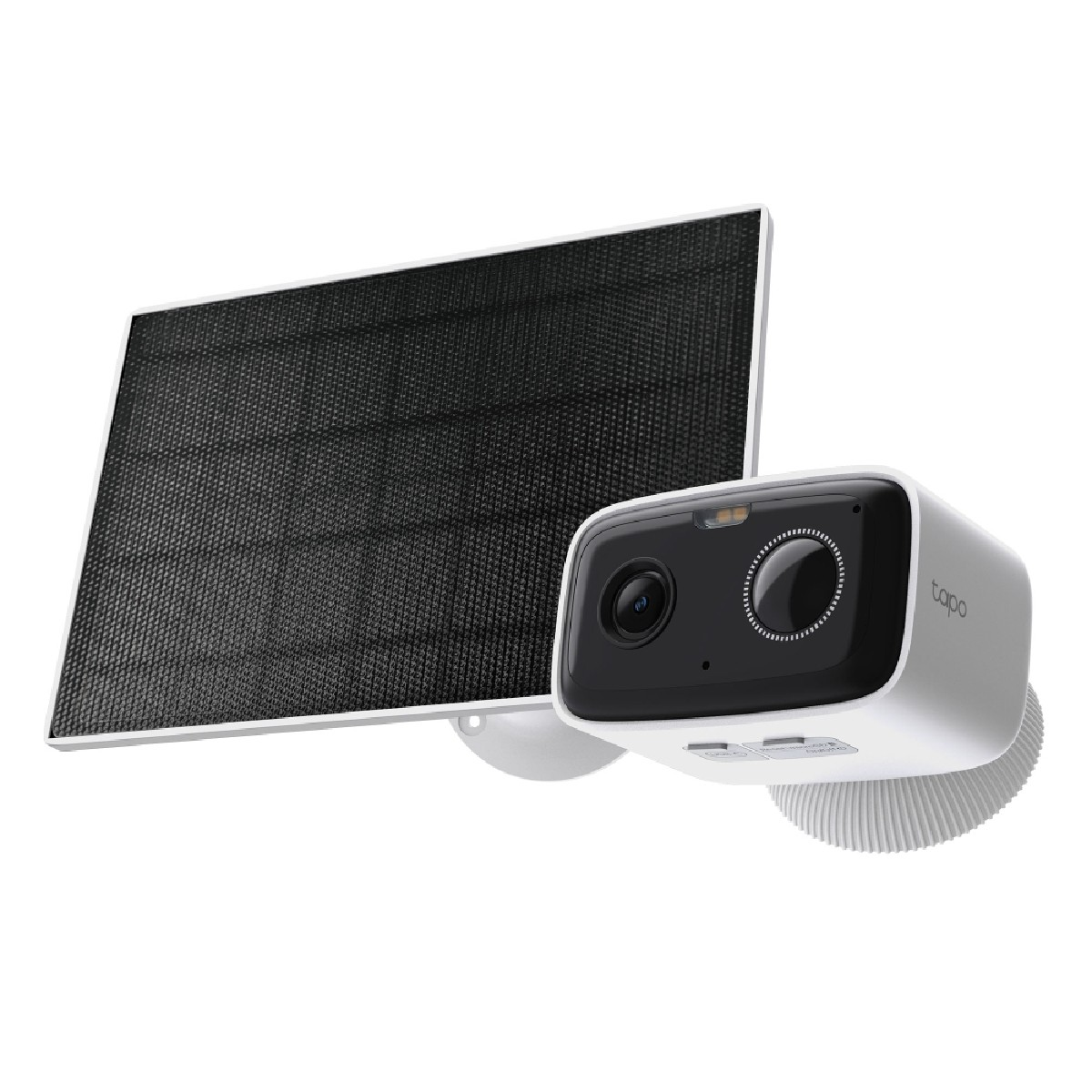 Telecamera di sicurezza bianca con pannello solare, su sfondo bianco.