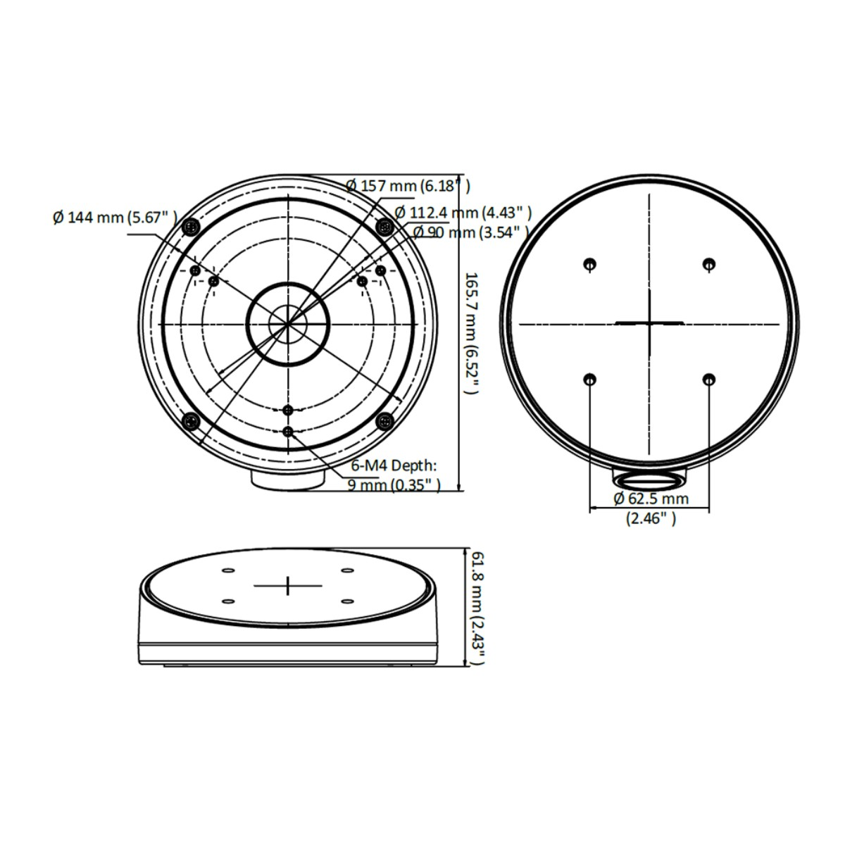 Dibujo técnico de una base redonda con dimensiones.