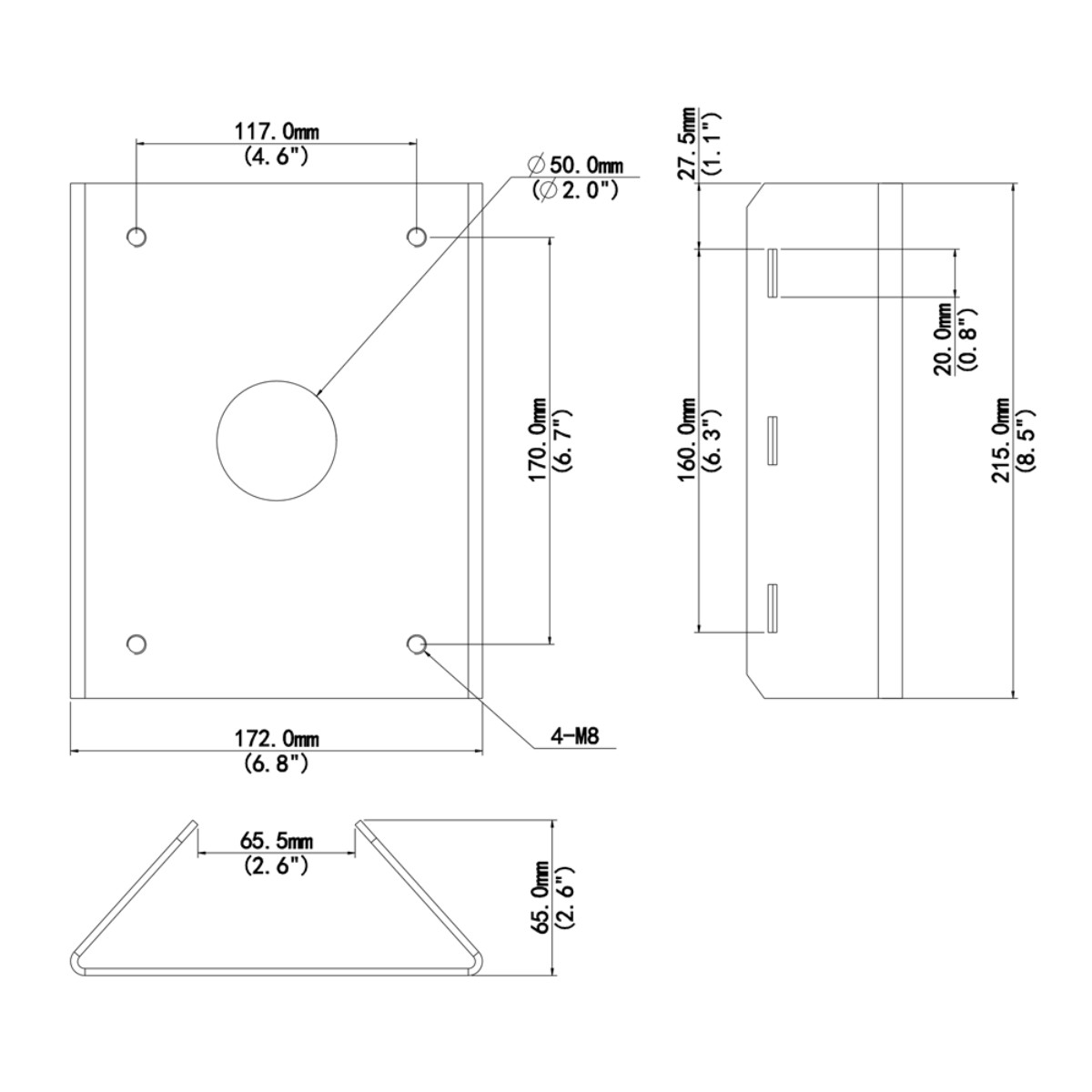 Un disegno tecnico mostra le viste frontale, laterale e inferiore di una staffa di montaggio con dimensioni dettagliate in mm e pollici.