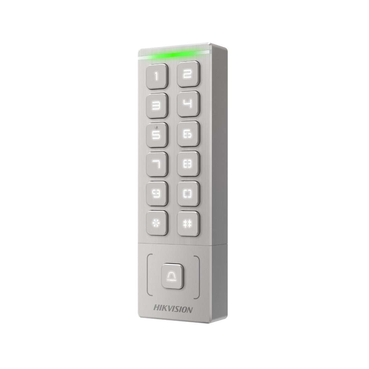Tastierino argentato per inserimento codice porta con tasti numerati e LED verde.