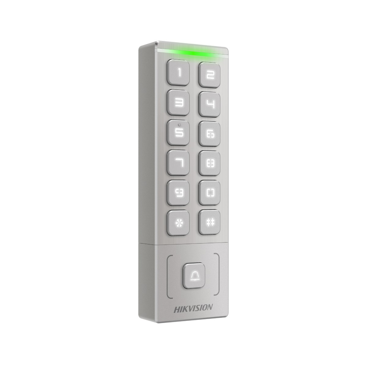 Tastiera Hikvision argentata con pulsanti illuminati e una barra luminosa verde in alto.