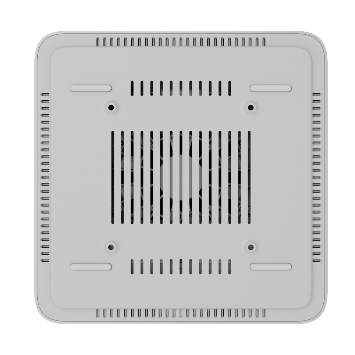Vista dall'alto di un dispositivo elettronico quadrato bianco con prese d'aria e ventola visibile.