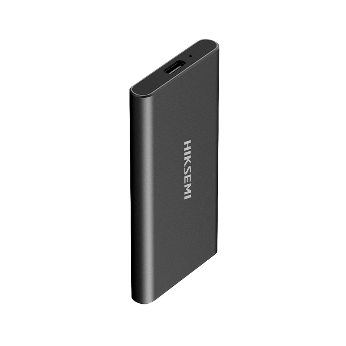Un'unità SSD esterna grigia con logo HIKSEMI e porta USB-C.
