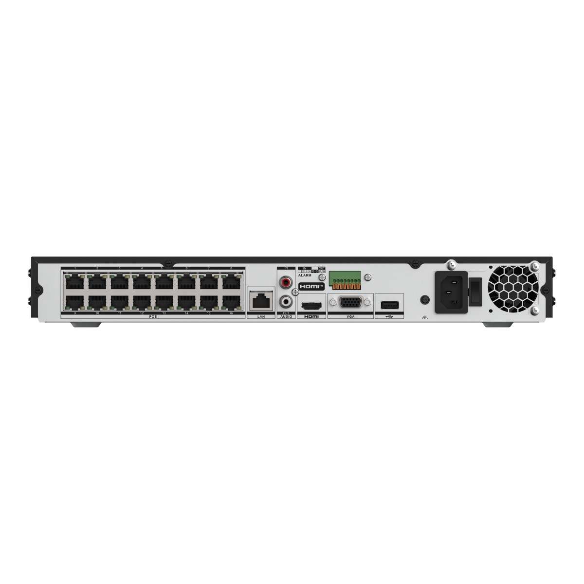 Rückseite eines Netzwerk-Videorekorders mit 16 POE-Ports, LAN, Audio, HDMI, VGA und Stromanschluss.