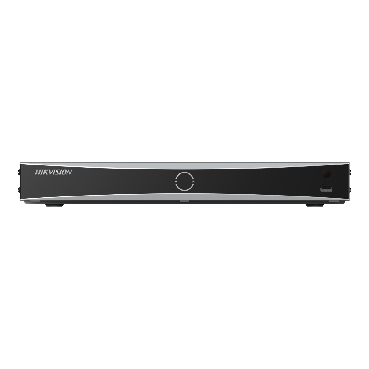 DVR Hikvision nero con finiture argentate, pannello frontale con pulsante di accensione e USB.