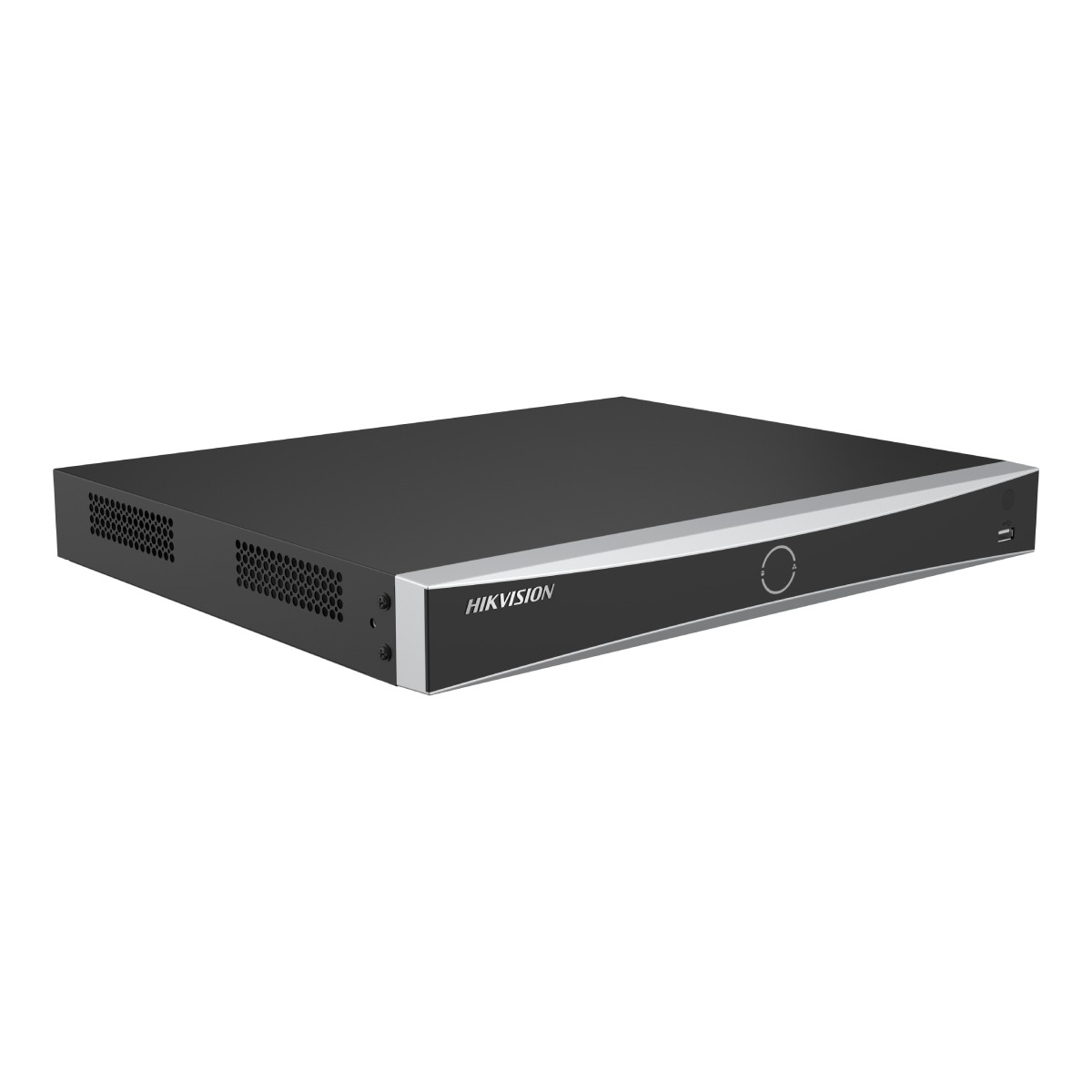 Un DVR Hikvision nero con striscia argentata e griglie di ventilazione.