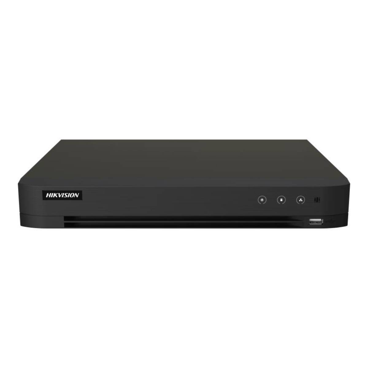 Un dispositivo DVR Hikvision nero con porta USB e pulsanti di controllo.