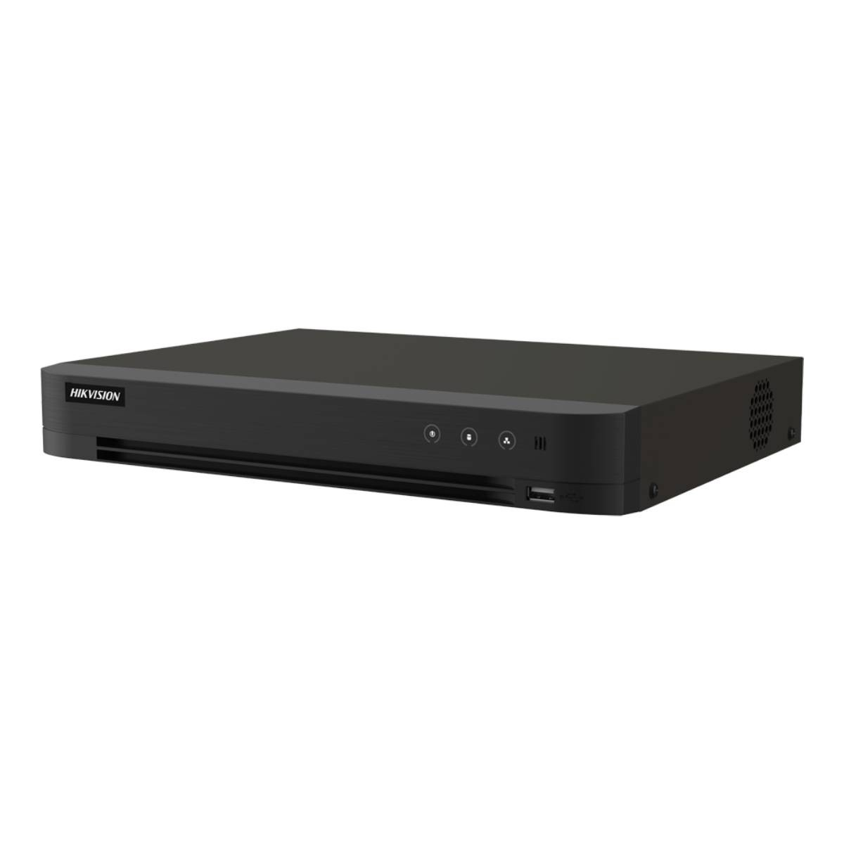 DVR Hikvision nero con porta USB e pulsanti di controllo.