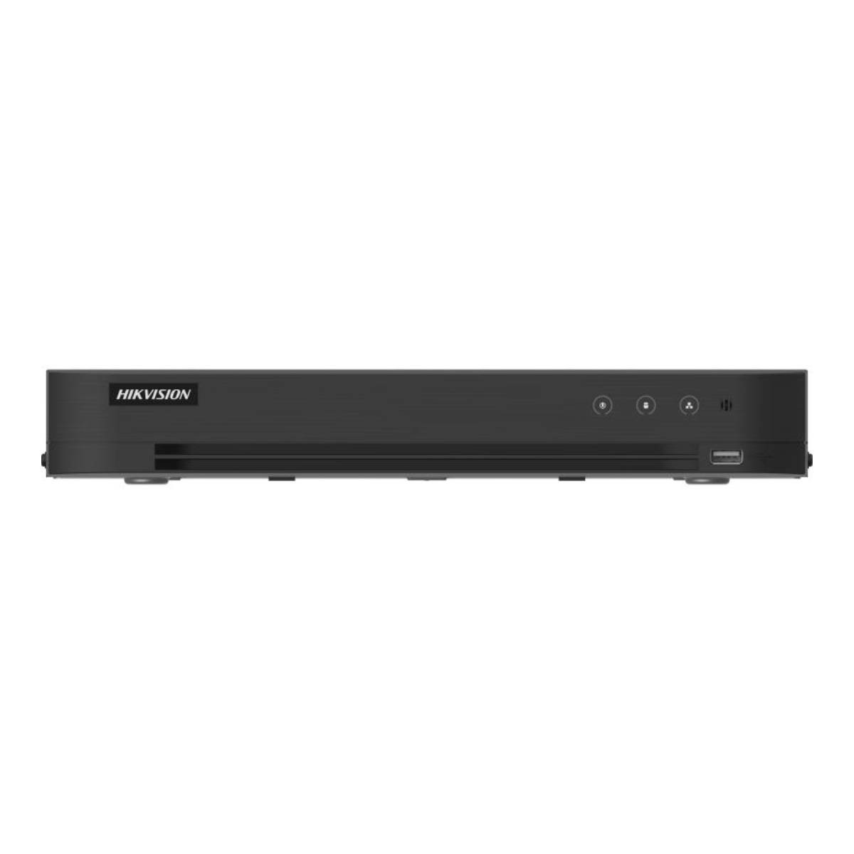 Un DVR Hikvision nero con pulsanti e porta USB.