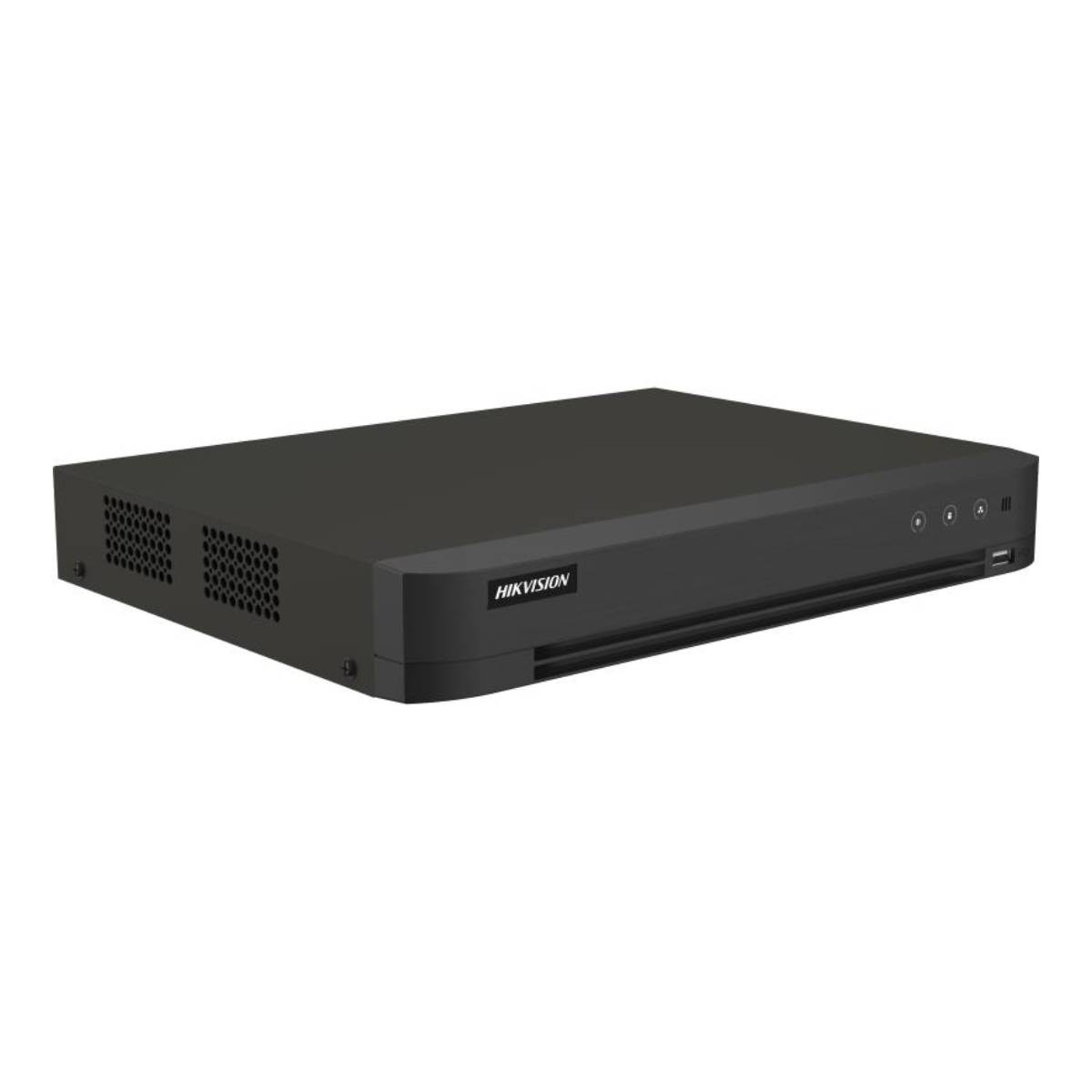 Un DVR Hikvision nero con prese d'aria e pulsanti sul pannello frontale.
