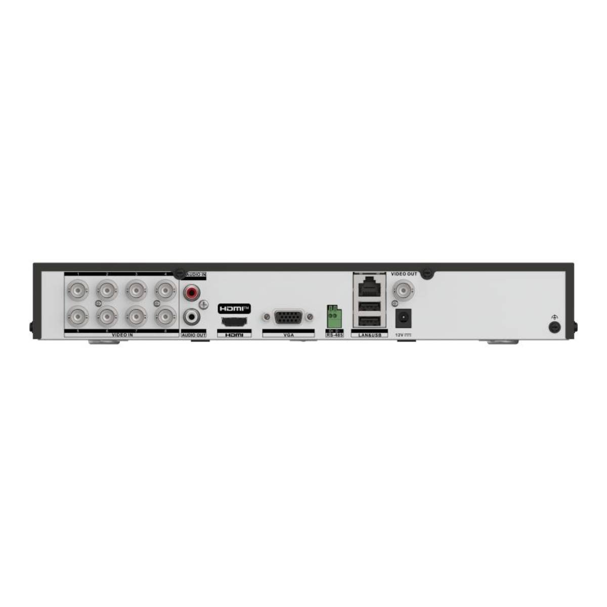 Pannello posteriore di un DVR con porte per Video-In, Audio-In/Out, HDMI, VGA, RS-485, LAN/USB.