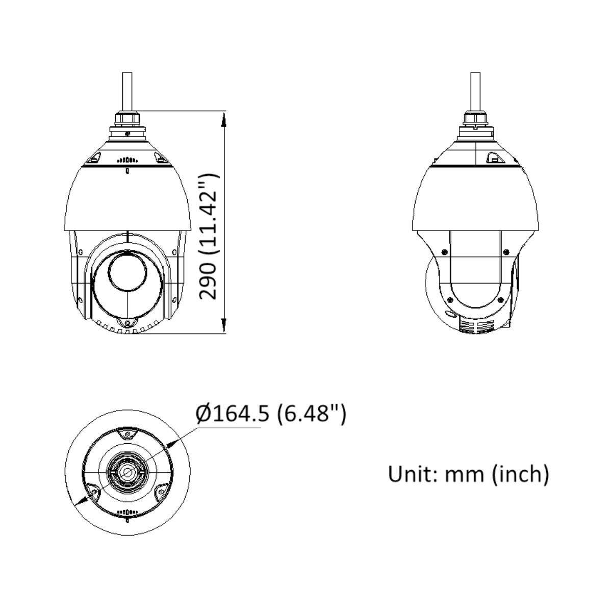 Disegno tecnico di una telecamera di sorveglianza con dimensioni.