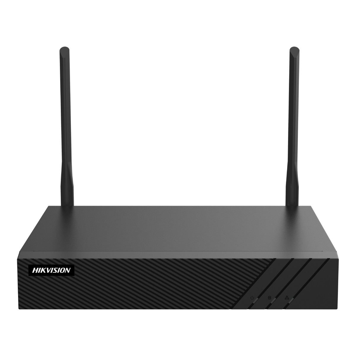 Un dispositivo Hikvision nero con due antenne, su sfondo bianco.
