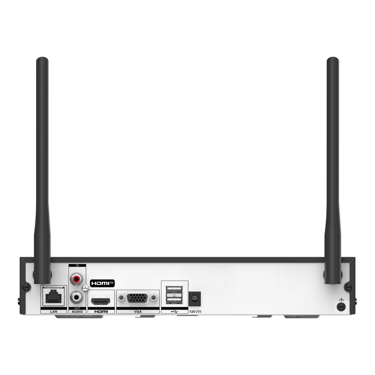 Vista posteriore di un dispositivo con antenne, porte LAN, Audio, HDMI, VGA e USB.
