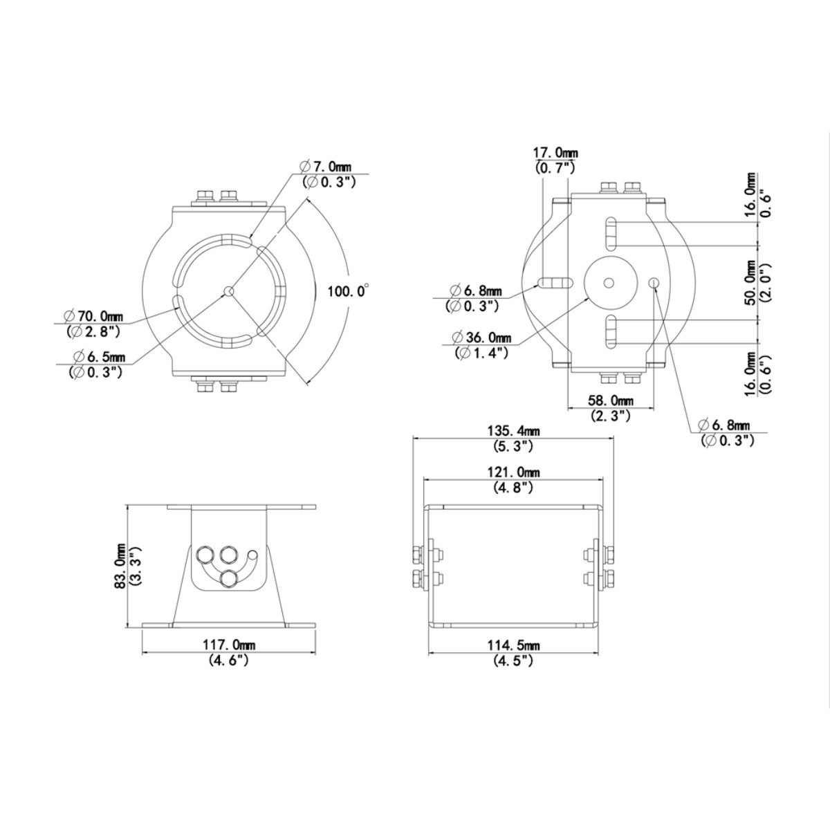 Disegno tecnico di un supporto con dimensioni. Viste multiple mostrate.
