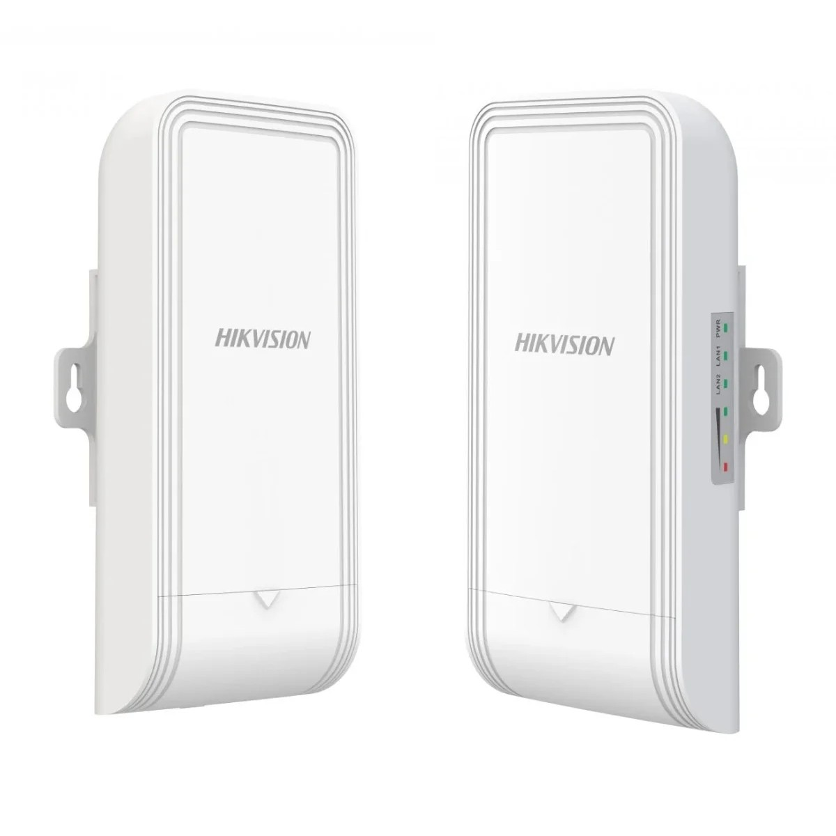 Due dispositivi Hikvision bianchi con indicatori LED e porte LAN.