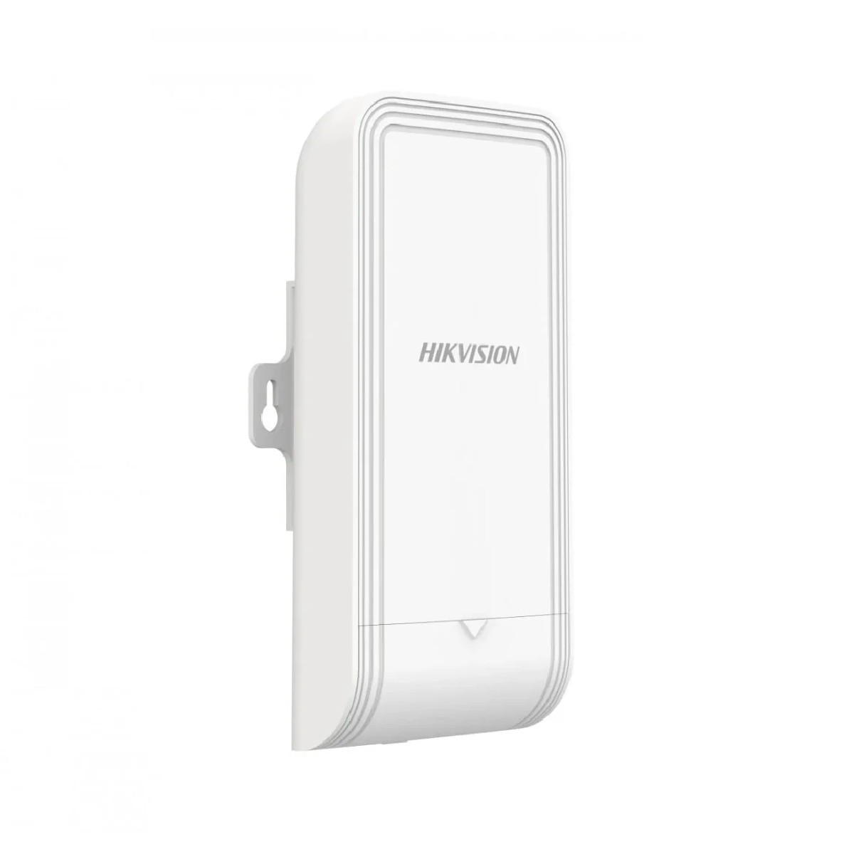 Un dispositivo Hikvision bianco con supporto a muro, isolato su sfondo bianco.