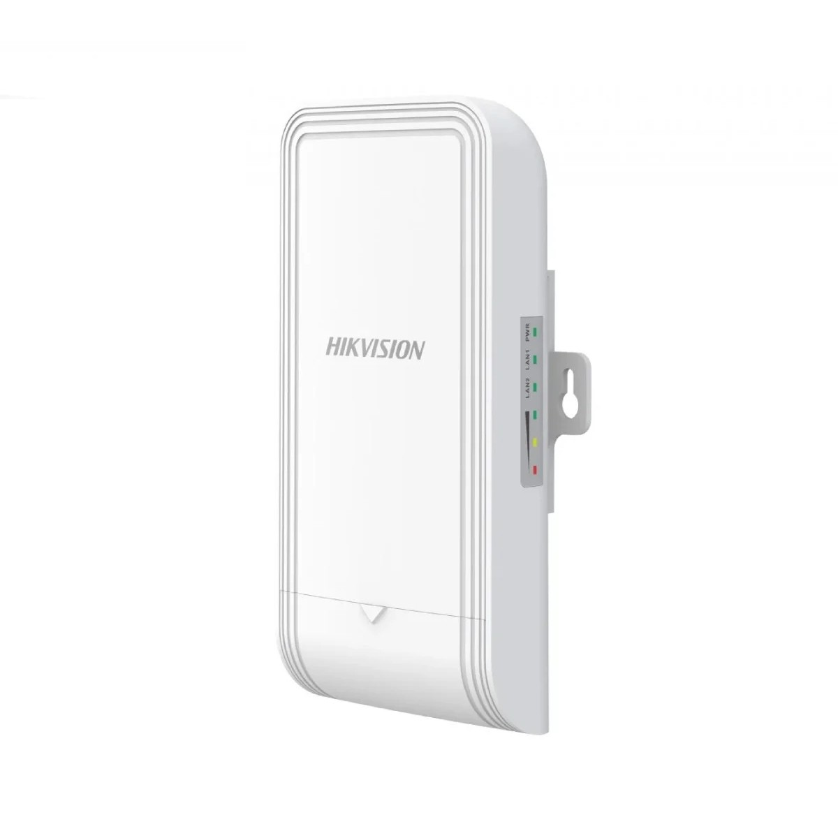 Dispositivo Hikvision bianco con porte LAN e spie di alimentazione.