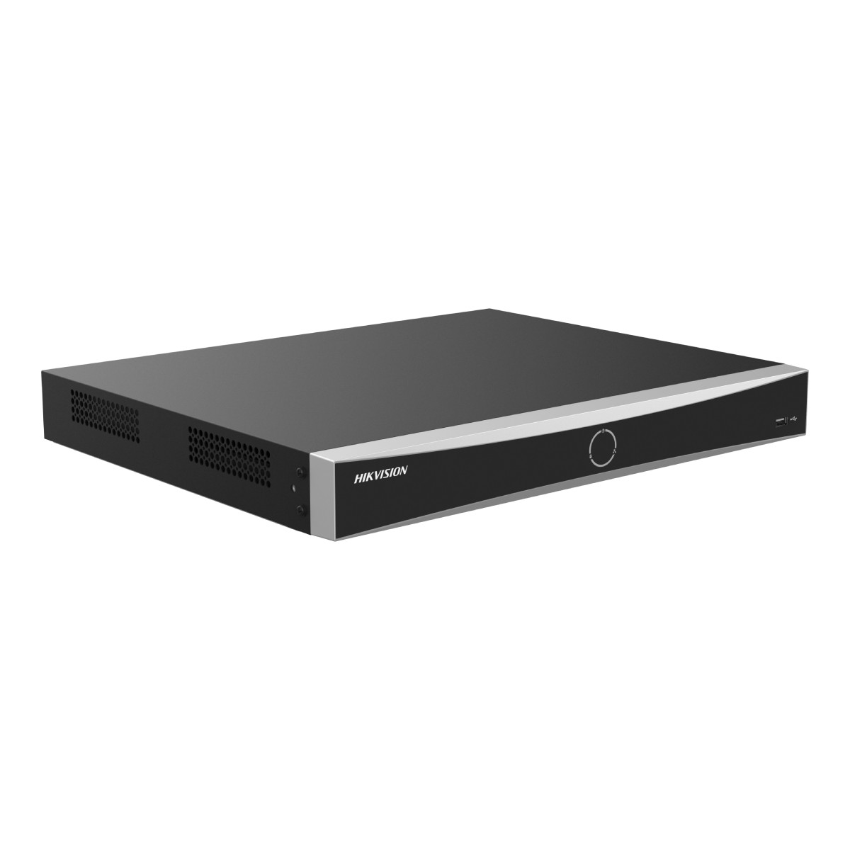 Schwarzer Hikvision DVR mit silberner Frontblende und Lüftungsschlitzen.