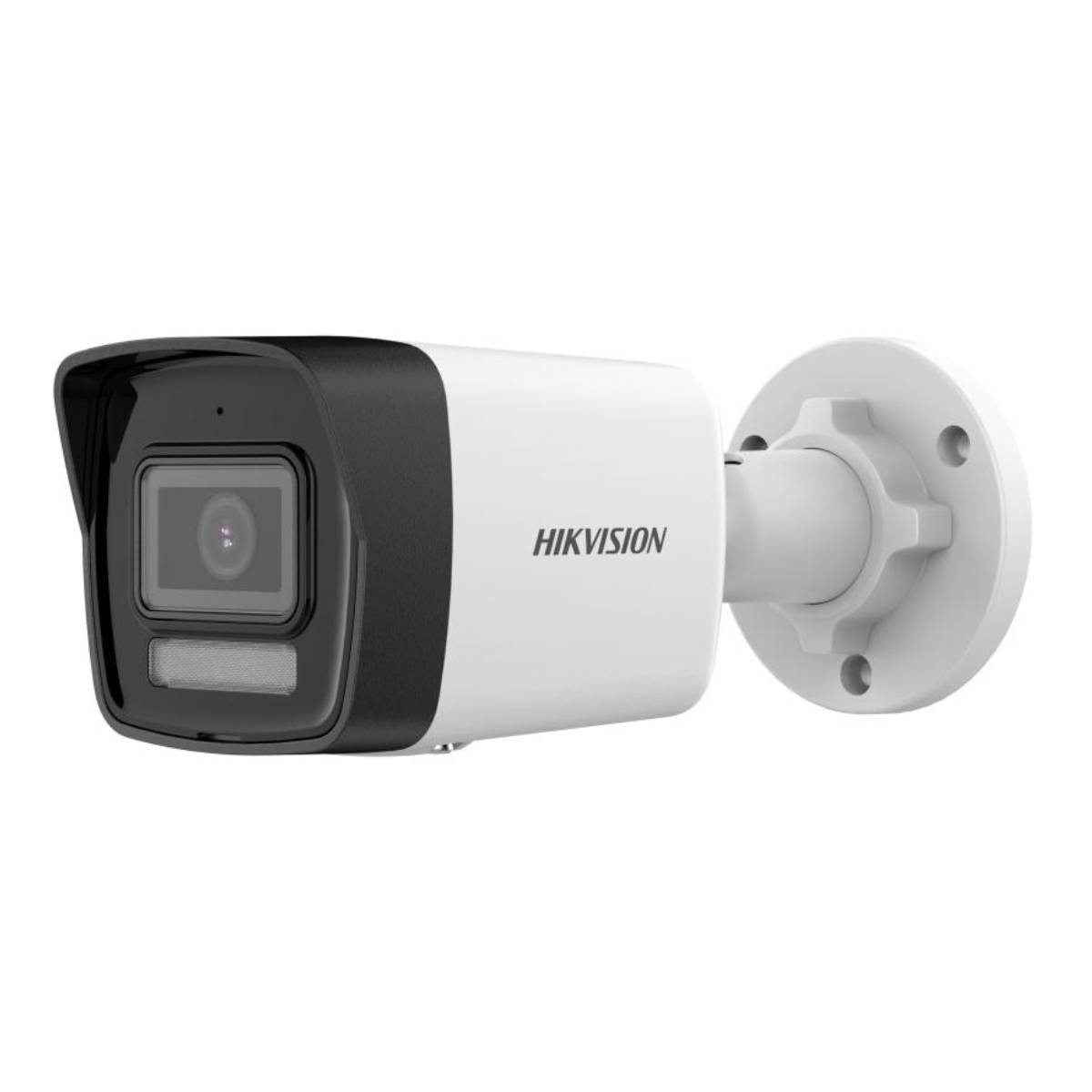 Una telecamera di sicurezza Hikvision bianca e nera con obiettivo e staffa di montaggio.