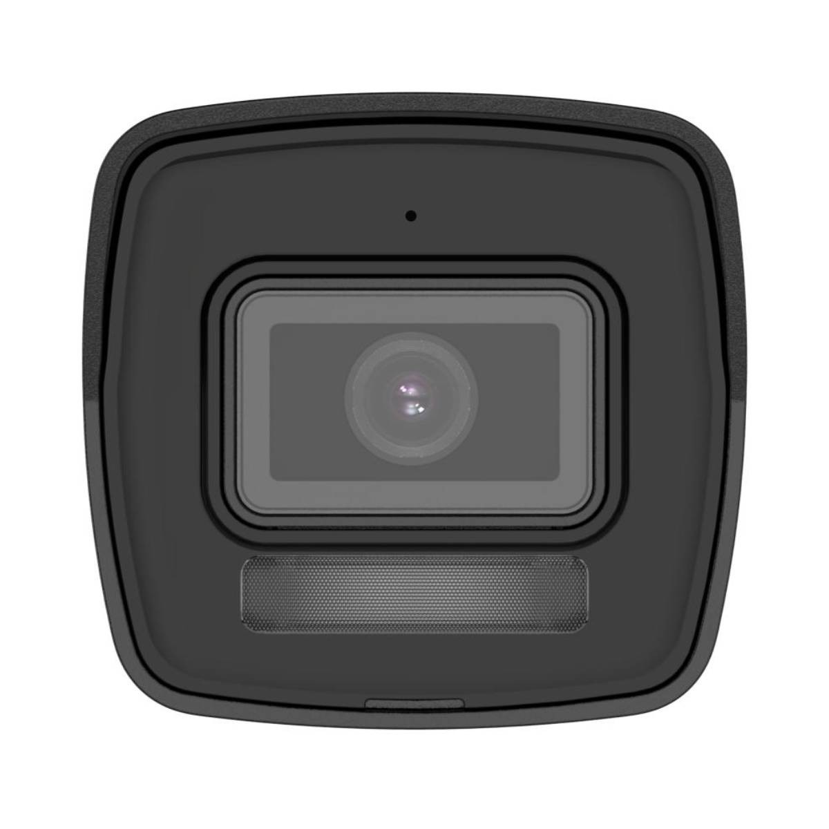 Una telecamera di sorveglianza nera con lente e griglia.