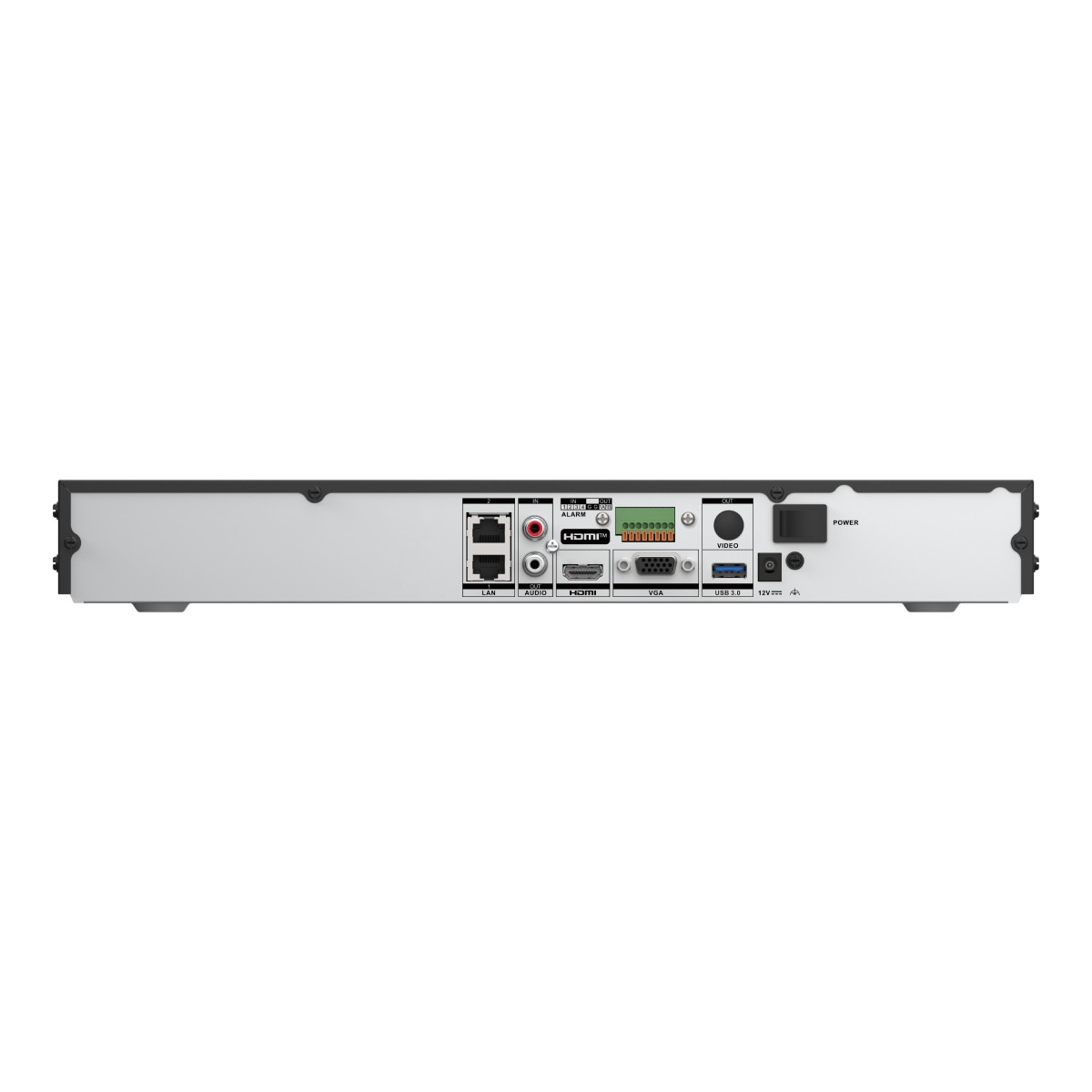Retro NVR con porte: LAN, Audio, HDMI, VGA, USB 3.0, Alimentazione.