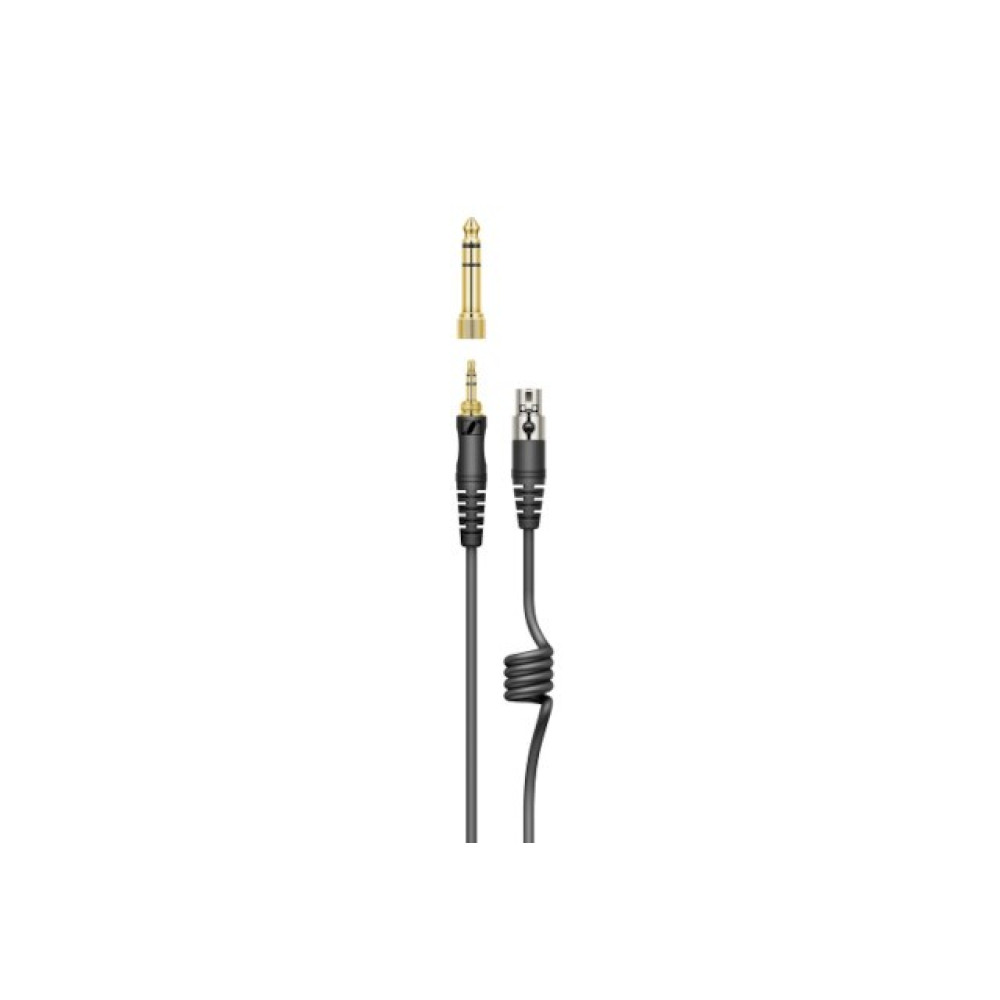Złoty adapter 6,35 mm nad czarnym kablem ze złączami 3,5 mm i XLR.
