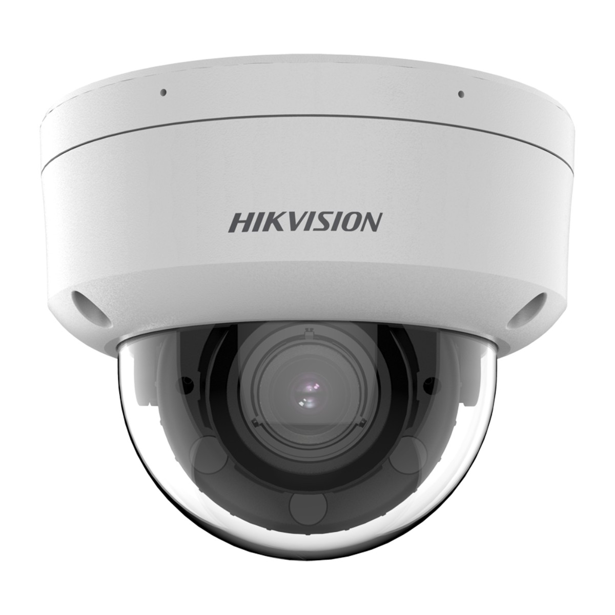 Una telecamera di sicurezza dome Hikvision bianca con lente a cupola trasparente.